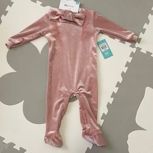 Pink dressy footed onsie with matching bow